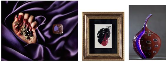 「カカオ・シリーズ」◆エルダーフラワー＆カシス　◆絵画　210×150mm  額435×378mm　◆ガラス彫 235×160×160mm（写真左から）