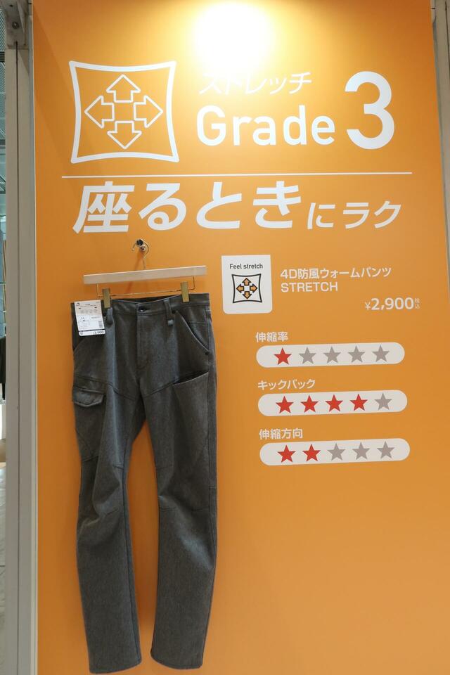 ストレッチ度:グレード3は座るときに楽なくらいの生地の伸び具合です