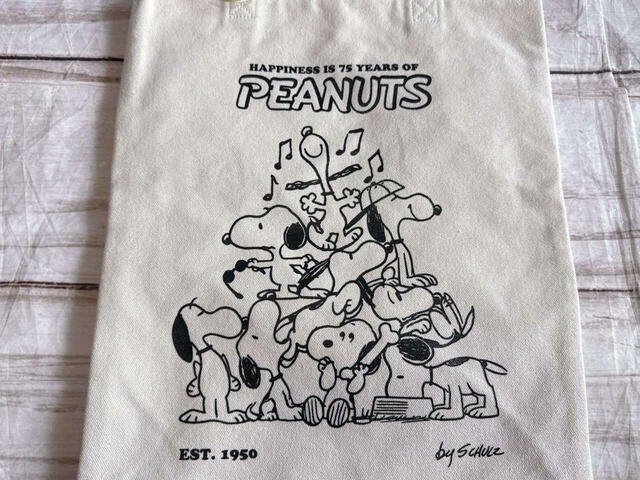 正面には歴代のスヌーピーが勢揃い！賑やかですが、モノトーンなため大人もかわいく持てるのがうれしい♪