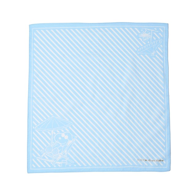 【コスメキッチン×PEANUTS「＜JOE COOL＞ ハンカチ/バンダナ [ストライプ]50cm×50cm」￥1,650】バイアスのストライプにリゾートでくつろぐJOE COOLとウッドストックのデザイン