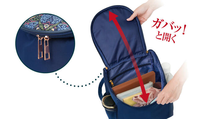 【モリスワールドコレクション エレガントリュック】ガバッと大きく開くダブルファスナー式！中身が見やすく荷物の出し入れもしやすいです♪