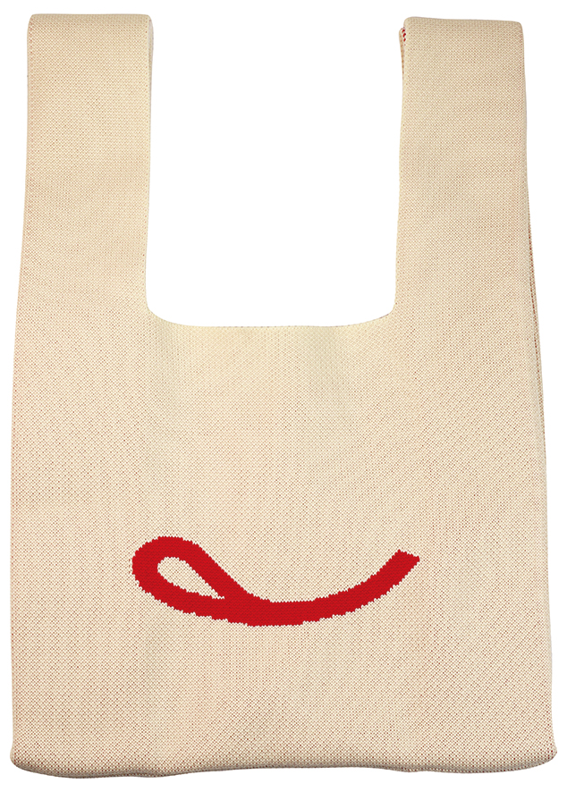 「〔非売品〕オリジナルニットトートバッグ（スマイルマーク）」＜サイズ：＜本体＞横250×縦365（持ち手含む）×マチ110mm＞【不二家の和スイーツが楽しめる「FUJIYA Smile Switch Festa」が銀座三越でスタート！“ペコちゃん×サンリオキャラクターズ”のコラボグッズも登場！】