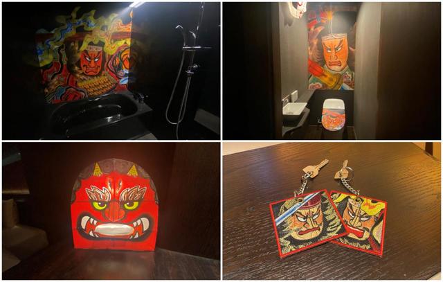 【星野リゾート　青森屋】「青森ねぶたの間」の浴室（左上）、お手洗い（右上）、ティッシュケース（左下）、ルームキー（右下）