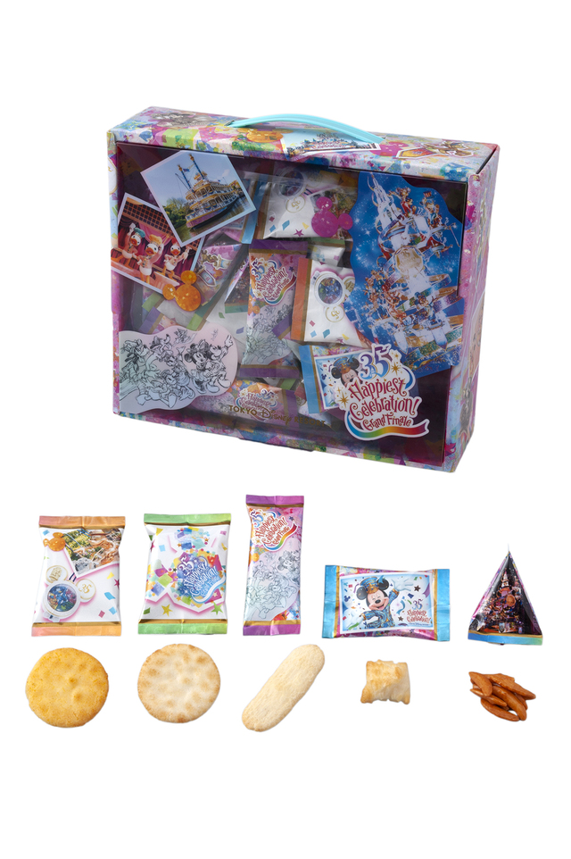 おせんべい 1,100円｜幅約26×高さ約22×マチ約8cm｜内容量：128g、標準40袋[柿の種：標準10袋、あましお味：標準10袋、しお味：標準7袋、カレー味：標準7袋、あられしお味：標準6袋]｜東京ディズニーランド「ワールドバザール･コンフェクショナリー」、東京ディズニーシー「ヴァレンティーナズ･スウィート」｜東京ディズニーリゾート35周年グランドフィナーレ