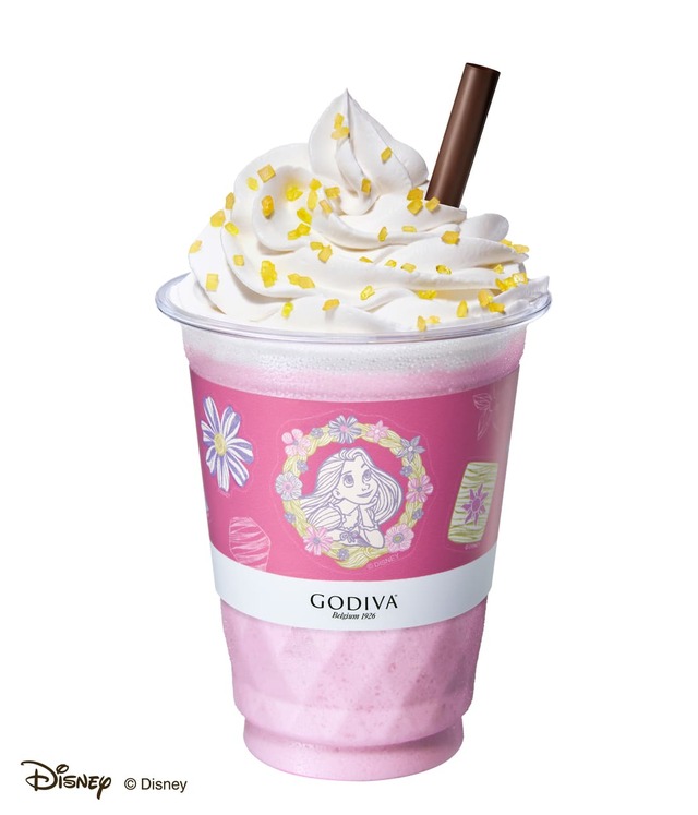 【ゴディバ】「ホワイトピーチ ショコリキサー」レギュラーサイズ  876円、ラージサイズ  986円／ディズニー映画『塔の上のラプンツェル』デザインシールスリーブを付けて提供！