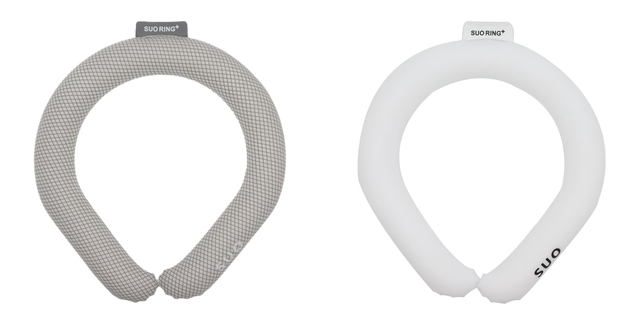 （左）【ハンズ限定／5月上旬発売】HANDS クールリング（Sサイズ：ピンクシェル・ブルーヨット、M・Lサイズ：ミッドナイトブルー・千鳥ブルー・千鳥グレー・千鳥ホワイト）各1,280円：約28℃以下で自然凍結。繰り返し使えます。中身が固まった状態からの使用で約90～120分間冷たさをキープ　/　（右）【SUO RING PLUS 18°ICE（グレー・ピュアホワイト）】Mサイズ3,520円、Lサイズ3,850円：COSMOS認証で承認された植物由来のPCMを使用したクールリング