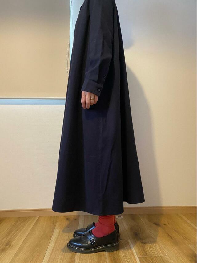 【無印良品　両面起毛フランネルスタンドカラー長袖ワンピース】フランネル素材を贅沢に使ったAラインシルエットのワンピース。両面起毛でとにかくあたたかいのが特徴！