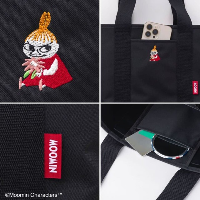 高級感のあるリトルミイの刺しゅうや、赤色のMOOMINロゴのタグがシンプルなバッグのポイントに。