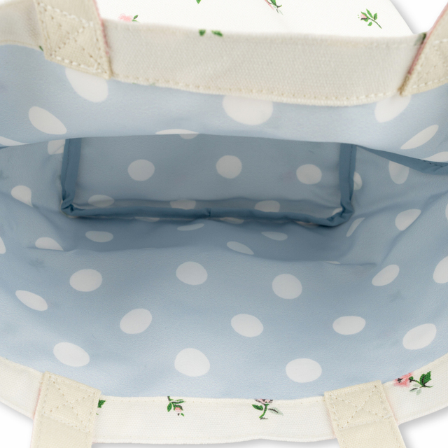 トラベルトートバッグS　Lace Sprigs　中は水色に白い水玉です