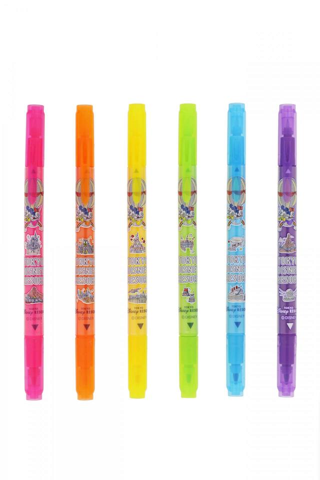 カラーペン〈プレイカラー〉セット 1,300円|サイズ:長さ約16cm、インクの色:ももいろ、だいだいいろ、きいろ、ライムグリーン、みずいろ、すみれいろ、1本で2種類の太さのペン