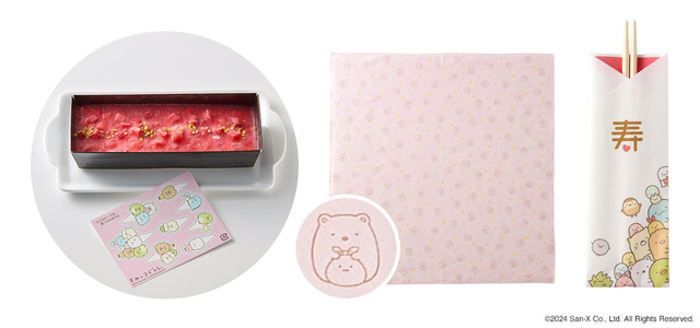 「オリジナルの付属品「すみっコぐらし」」＜内容：風呂敷1枚(約60㎝×60㎝）、冷凍ケーキ1本、ピックシート1枚、祝い箸5膳＞【【2025年おせち】ベルメゾンに「トムとジェリー」「スヌーピー」「ムーミン」「すみっコぐらし」4種の“人気キャラおせち”が登場！】
