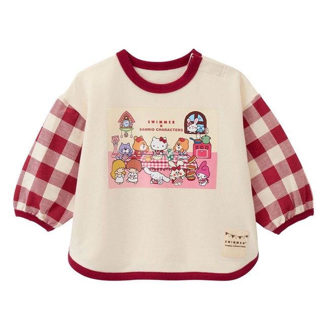 【SWIMMER×サンリオキャラクターズ／チェック袖ミニ裏毛ライトスウェットシャツ】赤チェックの袖が映えるアイボリー系もかわいい◎
