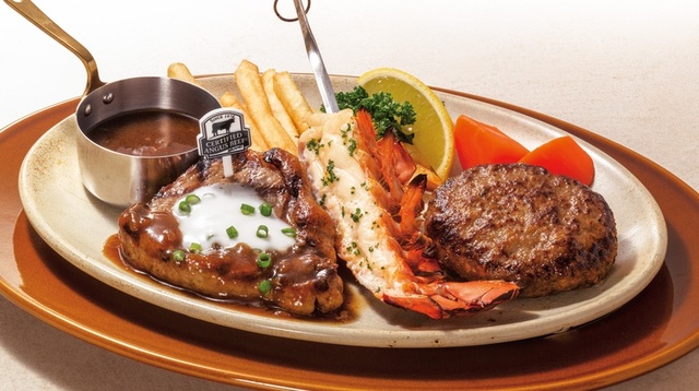 アンガスサーロインステーキ100g&オマール海老のグリルとちいさな黒×黒ハンバーグ