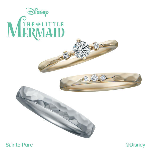 定番モデル『Dancing Bubbles～踊る泡～』仕様・価格：（左)K18SG/PT950ダイヤモンド0.2ct~（G・SI・EXH&C）275,000円〜 (中)K18SGダイヤモンド 132,000円(右)PT950 132,000円【ディズニー『リトル・マーメイド』ブライダルコレクション】