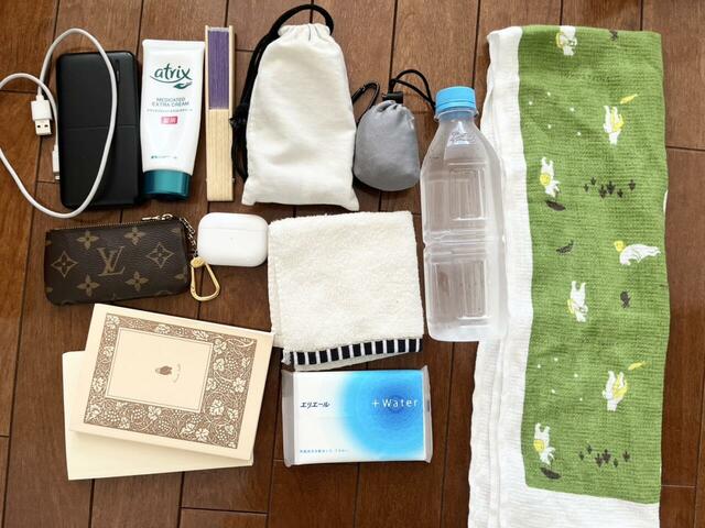 【Afternoon Tea ショルダーバッグ】モバイルバッテリー、メイクポーチ、500mlペットボトル、財布、文庫本などこれらの荷物を入れてみると…⇒