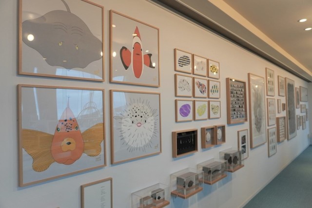 【星野リゾート　リゾナーレ熱海】9Fのアクティビティラウンジの壁にはさまざまな海洋生物のイラストなどの展示が