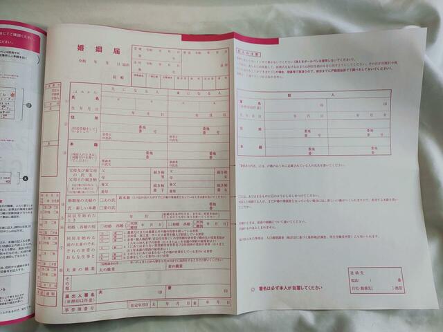 ピンクの婚姻届つき