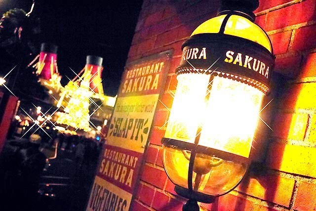 レストラン櫻の街灯と遠くに輝くツリー。ちょっと変わったこんなクリスマスのシーンも…。©Disney