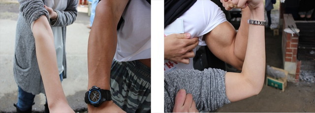 マッチョと筆者の腕を比べてみた。超健康的な筆者の腕すら、とても可憐に見える。……気がする。