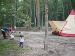 森の中の野営フィールド。広々空間に自由にテントをはり、大自然を堪能することができる。