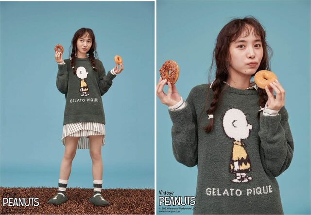 【PEANUTS meets GELATO PIQUE】'パウダー'モチーフジャガードプルオーバー ￥7,590'パウダー'モチーフジャガードロングパンツ ￥7,590カラー：グリーンサイズ：M/L'パウダー'ルームシューズ ￥4,950'パウダー'ソックス ￥2,860カラー：グリーンサイズ：フリー