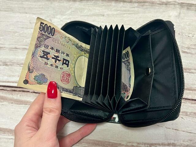 お札は折らずに収納可能！じゃばらポケットの下のお札ポケットにこんな感じで入れると…