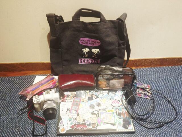 【ROOTOTE×PEANUTSコラボ ショルダーバッグ】サイズは約ヨコ(上部)40×タテ32×マチ11.5cm。荷物がこんなに入りました