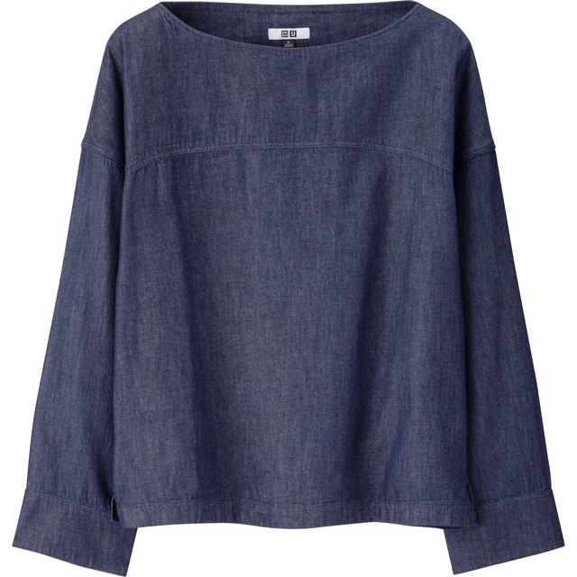 デニムボートネックブラウス（長袖）67ブルー