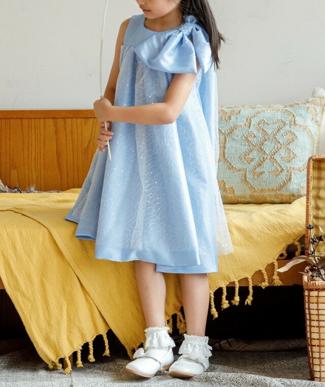 【アンドユー】リボンスパンコールレースミディアムドレスーブルー