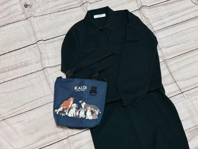 【カルディ いぬの日おさんぽバッグ/オリジナル バッグ】深みのあるグリーンのニットに合わせてみました