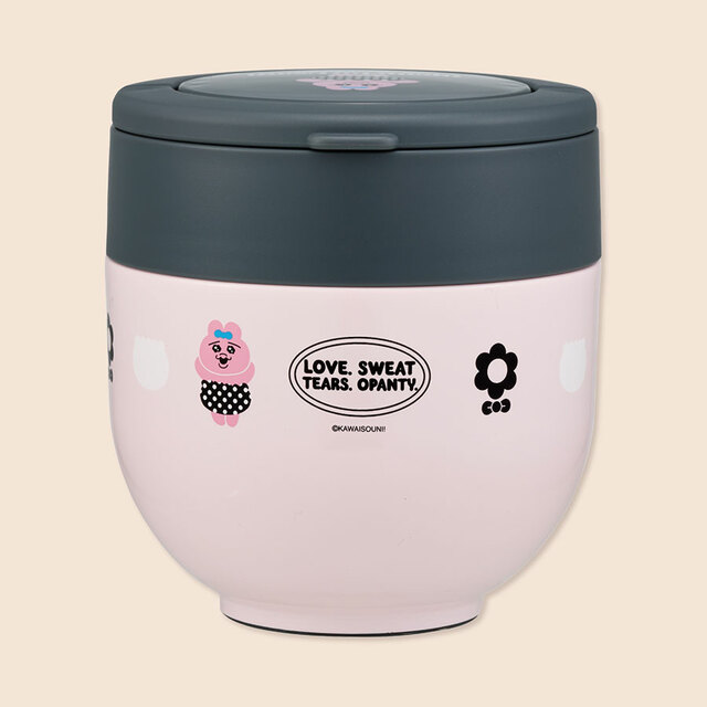 【おぱんちゅうさぎ 折りたたみハンドル付保温丼ランチジャー】くすみピンクとダークグレーのシックな配色がかわいい♪