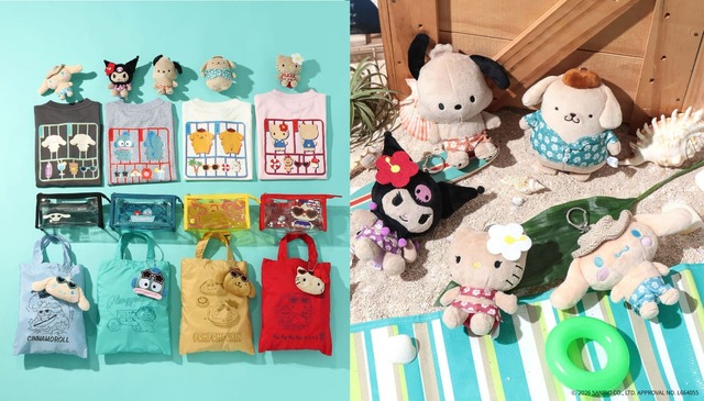 【サンリオ】BAYFLOW／【サンリオキャラクターズ】ぬいぐるみチャーム 全5種類　2,800円、【サンリオキャラクターズ】プリントTEE(KIDS) 全4カラー（キッズサイズ100～150cm）3,990円、【サンリオキャラクターズ】ポケット付きクリアポーチ 全4種類　2,090円、【サンリオキャラクターズ】フェイスチャーム付きエコバッグ 全4種類　3,490円