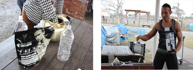 左）もちろん、プロテイン摂取し放題   右）カレーにも投入するベテランマッチョ