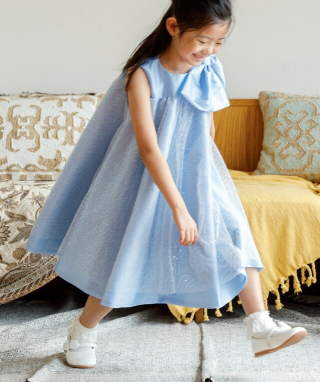 【アンドユー】リボンスパンコールレースミディアムドレスーブルー