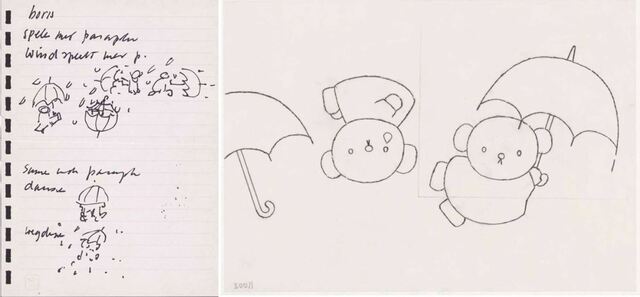 1999年『ぼりす そらをとぶ』の制作メモ(左)とスケッチ(右)　