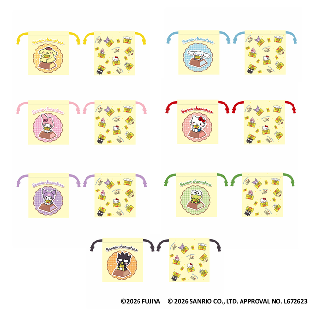 「巾着 LOOK A La Mode×サンリオキャラクターズ(全7種)」<価格:880円(税込)>【不二家の人気イベント「FUJIYA Smile Switch Festa」が大阪に上陸!関西初登場のグッズも手に入る「ペコフェス in あべのハルカス」が10月7日よりスタート!】
