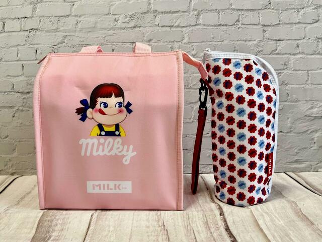 並べてみるととってもかわいいです！【sweet（スウィート）9月号増刊・特別付録：MILKFED.特製「ペコちゃんポコちゃん保冷バッグ」「ミルキー柄ペットボトルホルダー」】