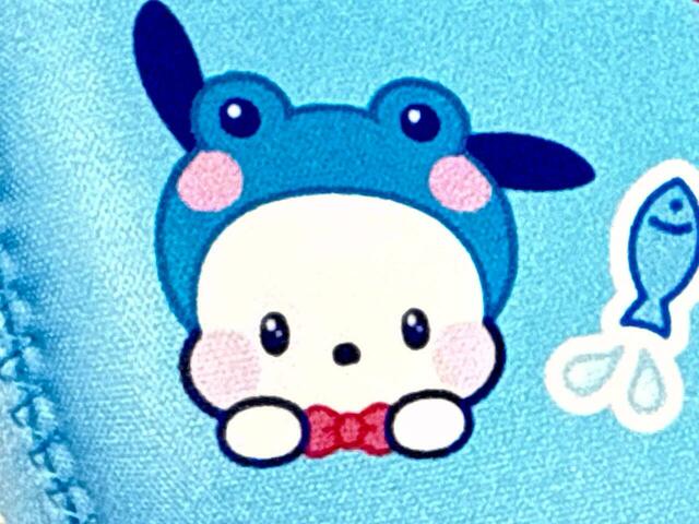 ポチャッコはブルーグリーンのカエルの被り物を着用。ぴょこんとしたお耳がかわいい♪