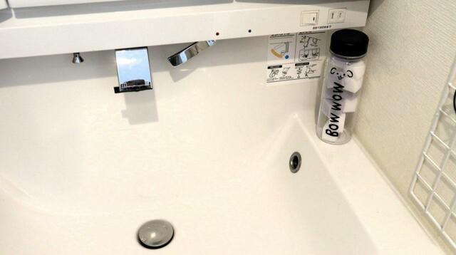 【セリア ドリンクボトル500 】掃除用メラミンスポンジを詰めて洗面台に置いてみた