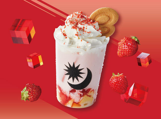 「Pラテ つぶつぶいちごパフェラテ」<価格:(R)715円/(L)803円(税込)>【【プロント】いちごの新作ドリンク「つぶつぶいちごパフェラテ」&「つぶつぶいちごのアールグレイティーソーダ」販売決定!】