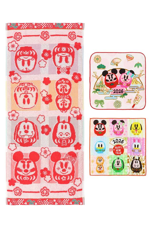 フェイスタオル&ミニタオル(今治タオル) 3,400円|東京ディズニーリゾートお正月グッズ|販売店舗:東京ディズニーランド「グランドエンポーリアム」、東京ディズニーシー「エンポーリオ」|発売日:2025年12月1日(月)