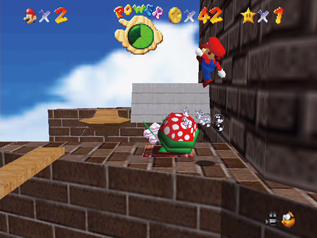 スーパーマリオ64／パンチやキックなどでステージ内にいる敵を攻撃することもできる。