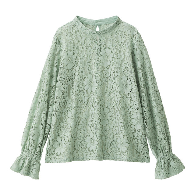 レーススタンドカラーブラウス(長袖)グリーン