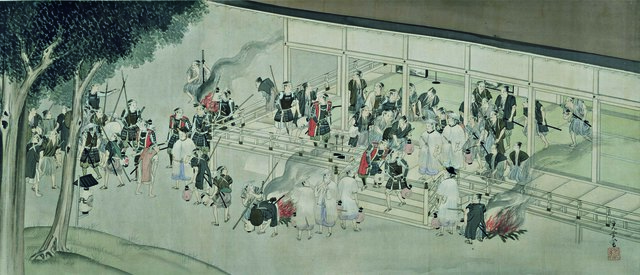 梨堂公絵巻(部分) 田中光美筆 5巻のうち第3巻 昭和八年(1933) 京都・梨木神社蔵 【この場面は東京・静岡会場 ※京都・長崎では第二巻を展示】