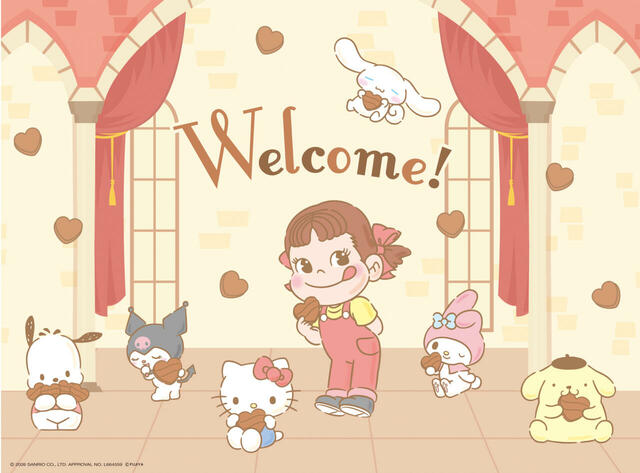 京王百貨店新宿店に登場する「ペコちゃん×サンリオキャラクターズコラボPOPUP ブース」には、初お披露目のペコちゃん×サンリオキャラクターズ描き下ろし新デザインのパネルが!