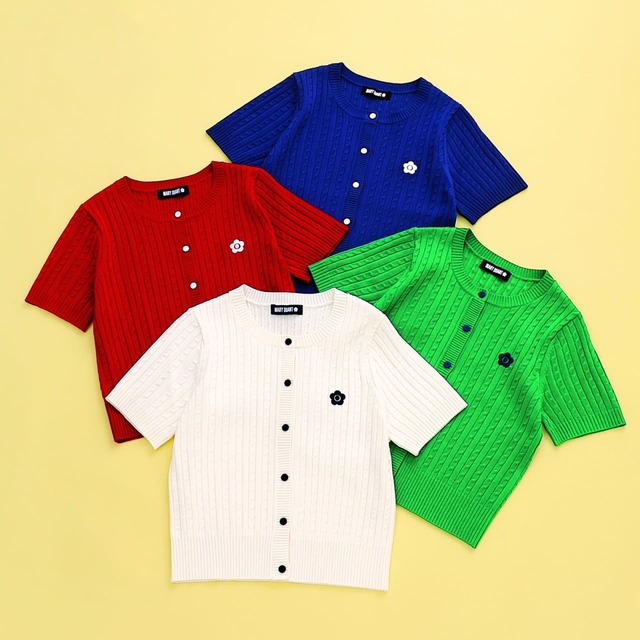 【マリークワント】「デイジーワンポイント半袖ケーブル カーディガン」各¥9,900